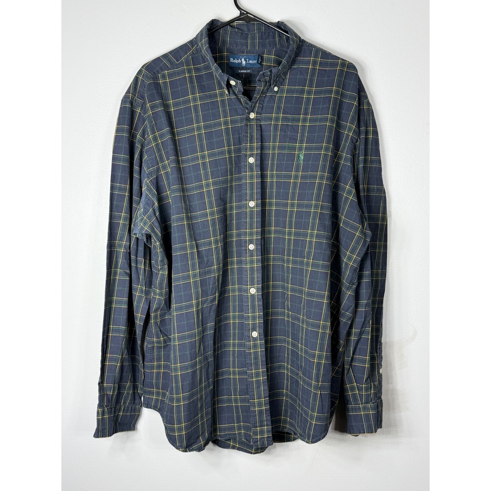 Ralph Lauren Classic‎ Fit Plaid Button Down Shirt Mens XXL Navy Green Yellow